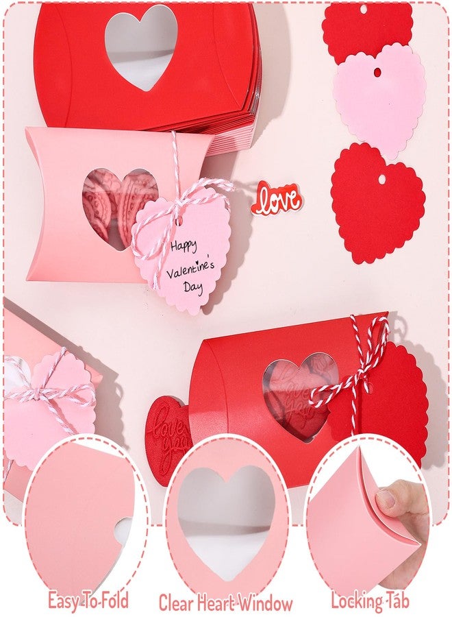 JarThenaAMCS 50Pcs Valentine's Day Treat Boxes with Gift Tags Cotton Rope Red Pink Pillow Boxes with Heart PVC Window Gift Paper Container for Sweets Chocolate Birthday Wedding Party - Image 5